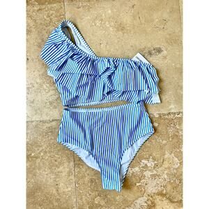 New Blue White Stripe Seersucker One Shoulder Ruffle Bikini Set 2 Piece Medium